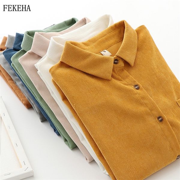 

corduroy shirts womens long sleeve blouses and autumn casual lady loose outwear retro female jacket solid color 210226, White