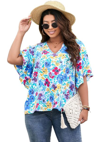 

plus allover floral print flutter sleeve blouse 43p6#, Black