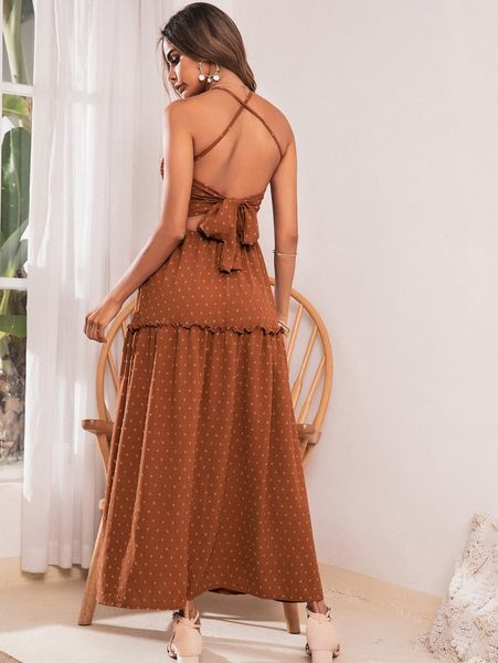 

swiss dot shirred tie backless frill trim cami dress x2yq#, Black;gray