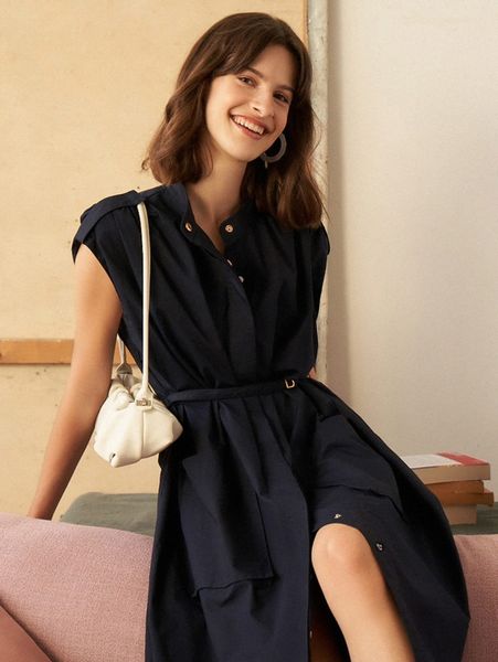 

100% cotton gathered belted shirt dress 177q#, Black;gray