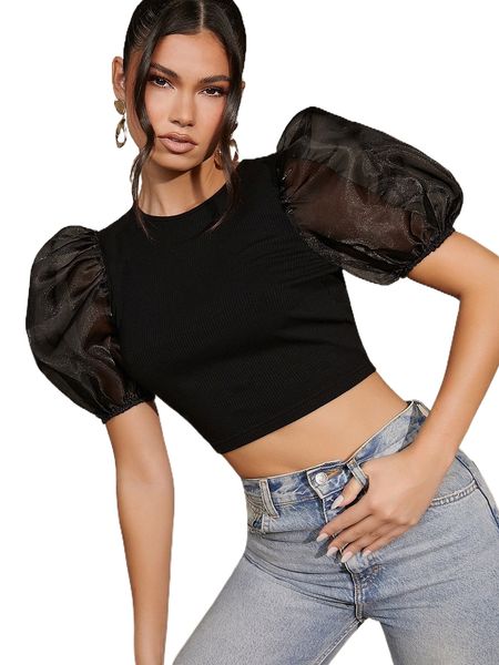 

puff sleeve crop l7f6#, White