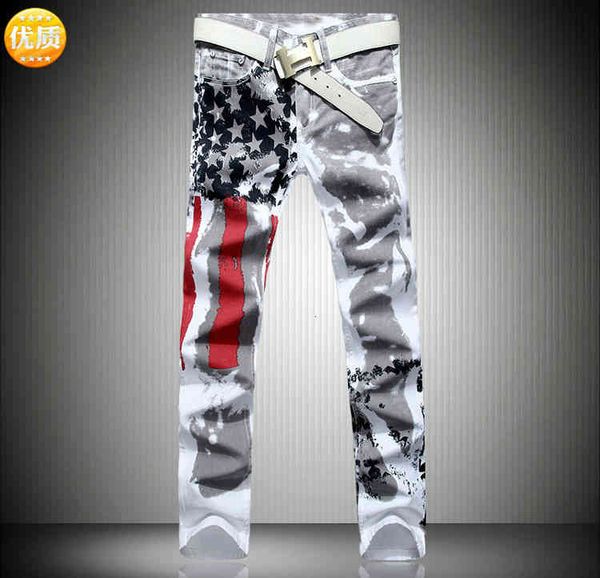 

men's jeans american flag print jeans high stretch slim casual five pointed star red stripe large pants hnx9, Blue
