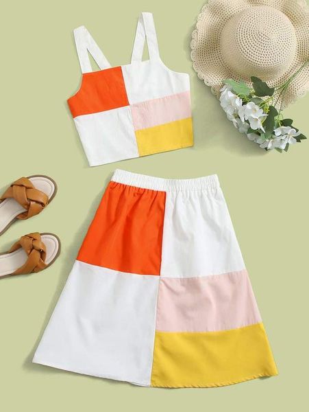 

girls colorblock shirred back cami & skirt she, White