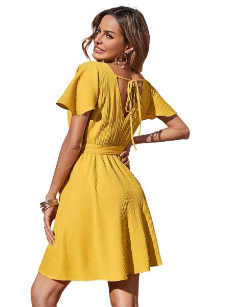 

butterfly sleeve tie back textured belted dress a1ej#, Black;gray