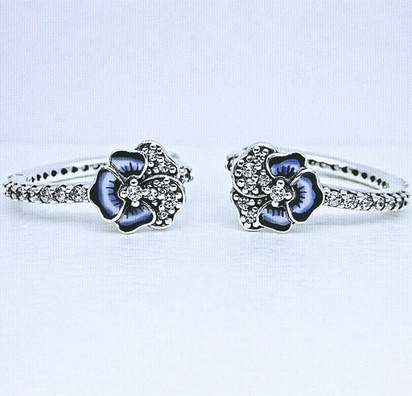 Blaue Stiefmütterchen-Blumen-Creolen, Ohrring-Schmuck, 925er Sterlingsilber, Damen-Pandora-Ohrring mit Logo, Geschenk 290775C01