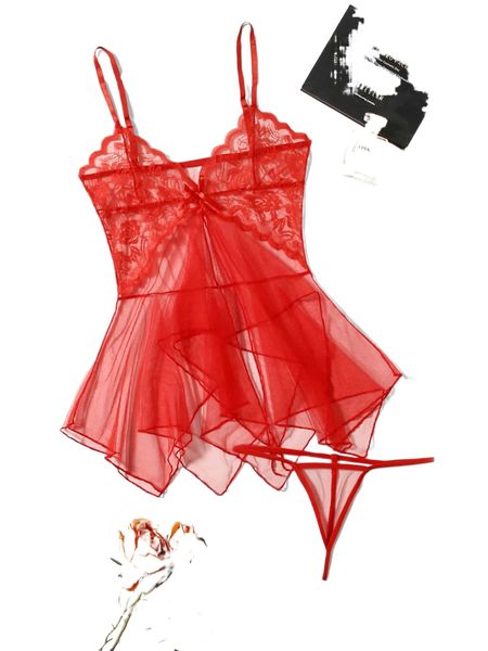 

contrast lace sheer mesh slips with thong 95w6#, Black;red