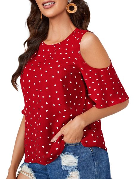 

confetti heart print cold shoulder keyhole back blouse n2ue#, White