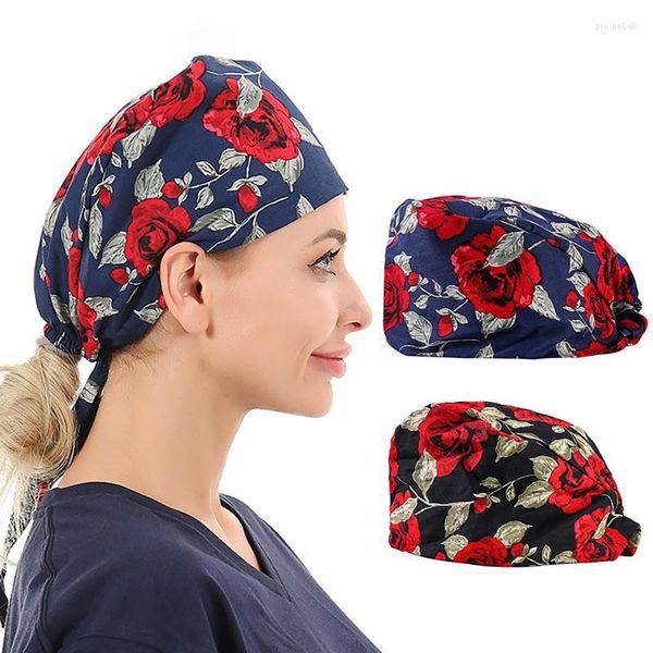 Cappellini con berretto / teschio Scrub in cotone da donna Sezione elastica assorbente dal sudore Pet Grooming Infermieristica Cappelli da lavoro Cappello da laboratorio con stampa floreale # p3 Pros22