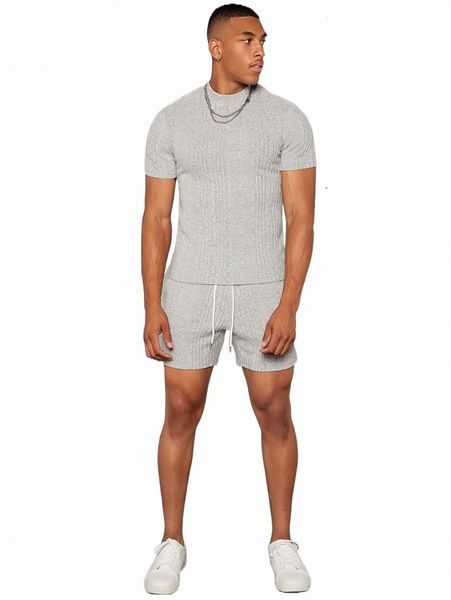 

men mock neck ribbed knit tee & shorts x1md#, Gray