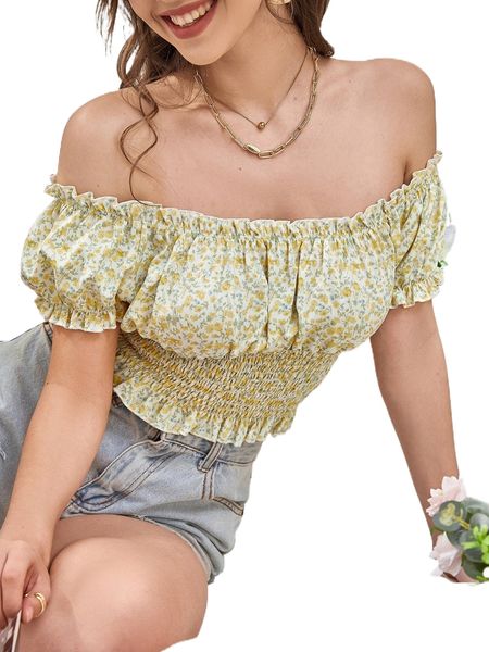 

ditsy floral print off shoulder ruched bust shirred peplum blouse i4xq#, White