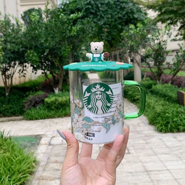 

south korea starbucks 2020 new green handle pear flower glass large capacity coffee cup milk cup drinking cup