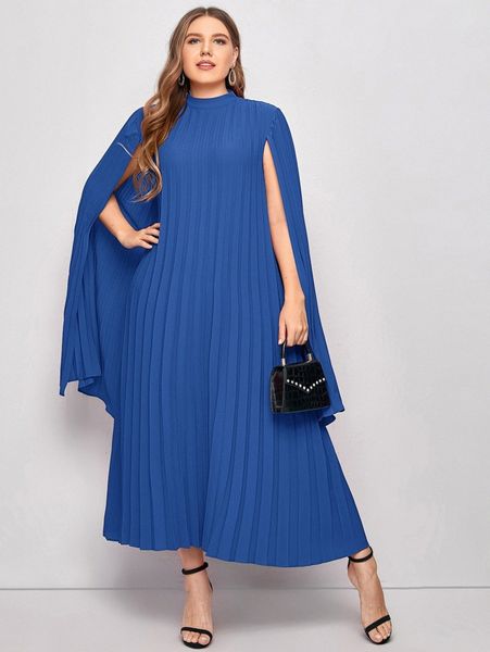 

plus pleated solid cape dress i4d7#, Black