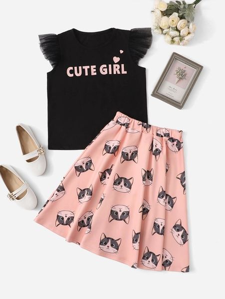 

girls letter graphic ruffle trim & skirt she, White