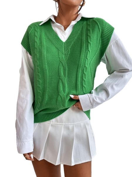 

1pc cable knit v-neck sweater vest m20a#, White;black
