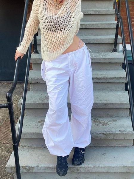 

women's pants & capris streetwear casual loose solid white cargo drawstring joggers harajuku summer baggy trousers female sweatpants, Black;white