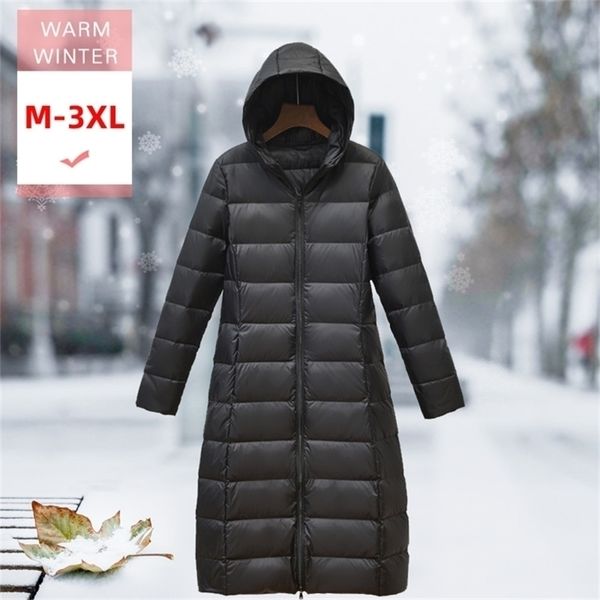 

fashion women long white duck down coat female ultra light slim thin hooded feather jacket warm soft casual windproof outwea y201026, Black