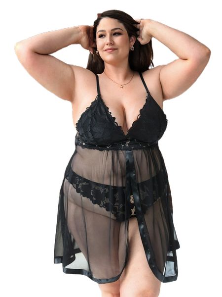 

plus mesh lace panel cheeky slips & panty m8ot#, Black;white