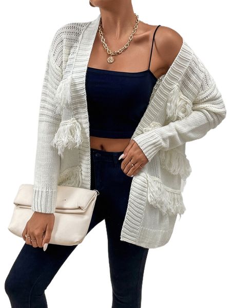 

drop shoulder fringe trim duster cardigan r8o1#, White;black