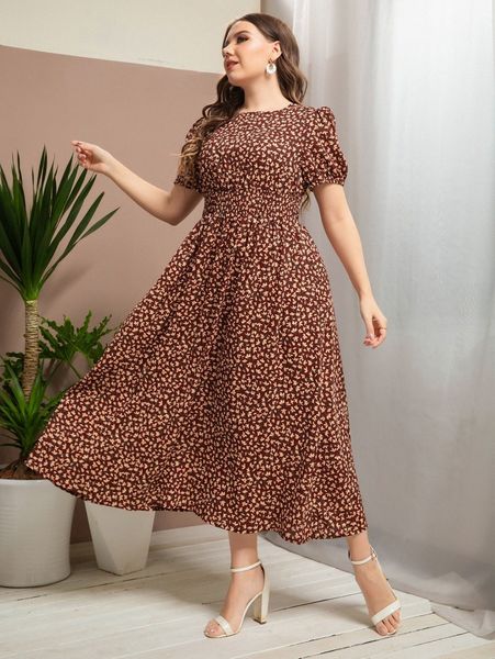 

plus ditsy floral shirred waist puff sleeve dress without belt g29o#, Black