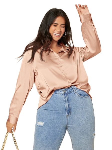 

plus solid button up satin shirt q1ow#, Black