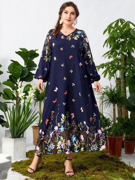 

plus butterfly & floral print lantern sleeve tunic dress d8l1#, Black