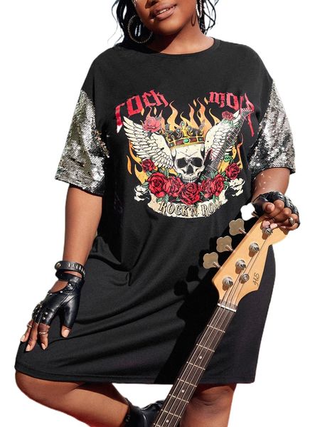 

sxy plus rose & skull print drop shoulder sequin insert tee dress v5xv#, Black