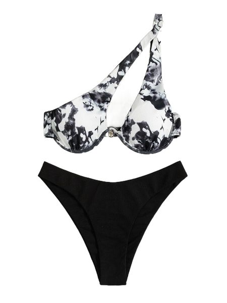 

tie dye one shoulder underwire bikini swimsuit p15t#, White;black
