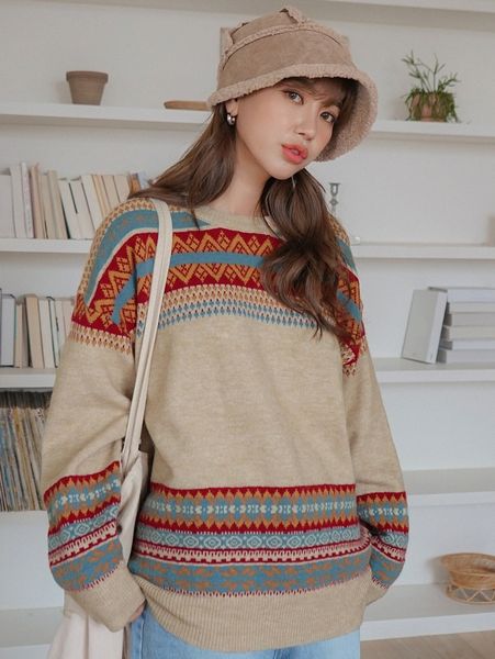

dazy fair isle pattern drop shoulder sweater e7hp#, White;black
