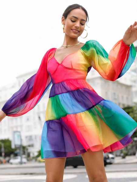 

colorblock lantern sleeve flounce hem dress n8ig#, Black;gray