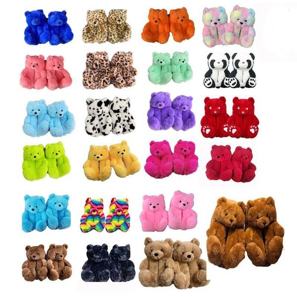 UPS 18 Stile Plüsch-Teddybär-Hausschuhe, braun, für den Innenbereich, weich, rutschfest, Kunstfell, niedlich, flauschig, rosa Hausschuhe, Winter, warme Schuhe, Partygeschenk