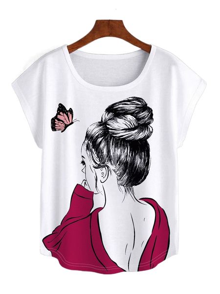 

figure & butterfly print dolman sleeve tee t99f#, White