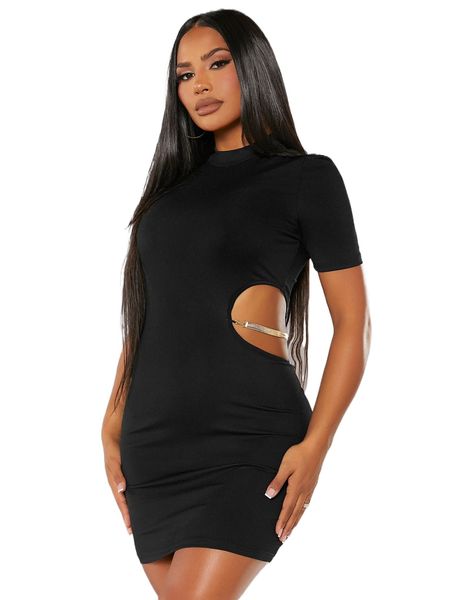 

sxy mock neck cut out chain detail bodycon dress 177t#, Black;gray