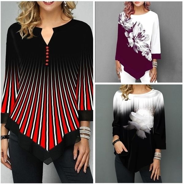 

spring women irregular shirt long sleeve casual print 3d tee shirts v neck long sleeve blouses female clothes plus size y200403, White