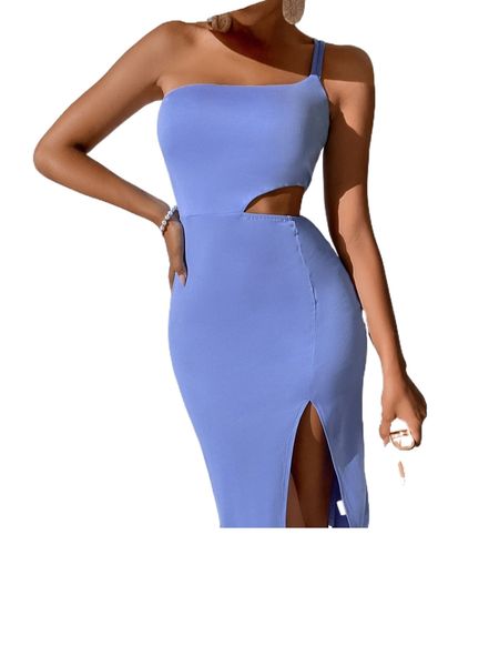 

one shoulder cut out split thigh dress v7hr#, Black;gray