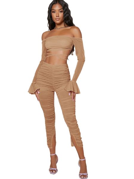 

off shoulder lace up back flounce sleeve & ruched pants c1ot#, White