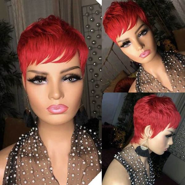 Kırmızı renkli Brezilya İnsan Saç Kısa Pixie Kesim Bob perukları Patlamalı Siyah Kadınlar İçin Doğal Renk Tam Makine Yapımı