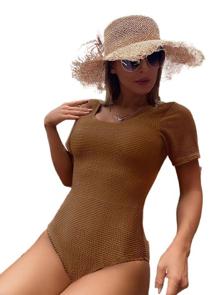 

solid textured one piece swimsuit p4rz#, White;black