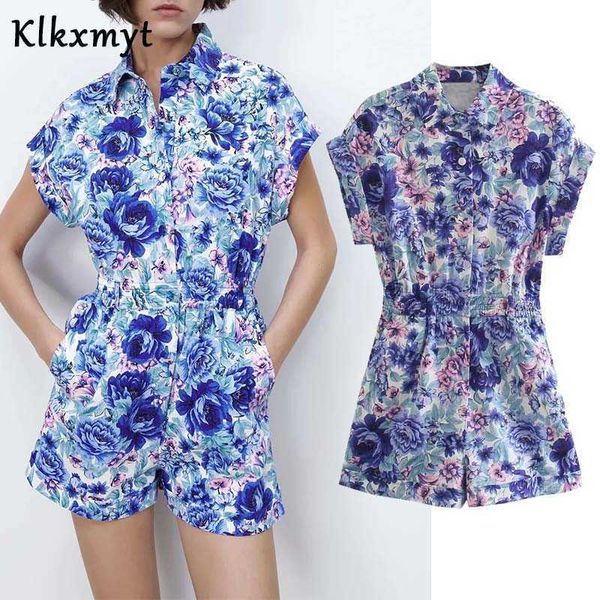 

klkxmyt za women fashion short sleeve flower print slim playsuits female elastic waist shorts siamese chic casual rompers 210527, Black;white