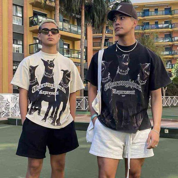 

version correct summer fashion brand present dog head print washed used men's and women's short sleeve t-shirt, White;black
