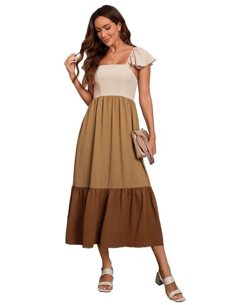 

color block butterfly sleeve ruffle hem shirred back dress 28qy#, Black;gray