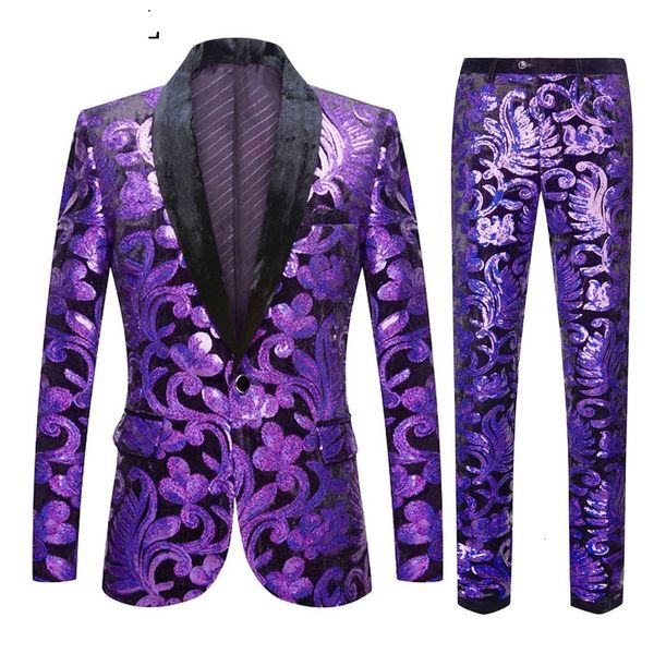 

men's suits & blazers purple velvet sequin suit men's two-piece slim fit casual man bridegroom wedding dress, White;black