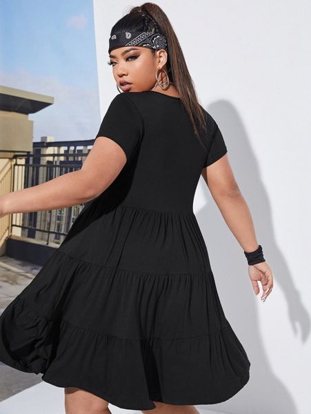 

plus solid ruffle hem dress 77m4#, Black