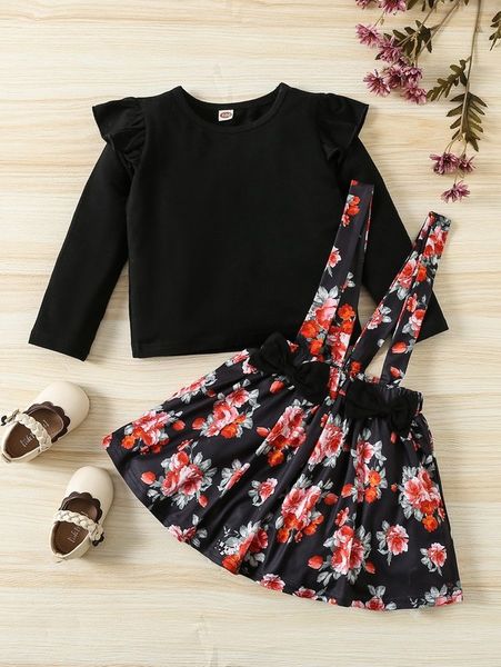 

toddler girls ruffle trim tee & floral print suspender skirt she, White