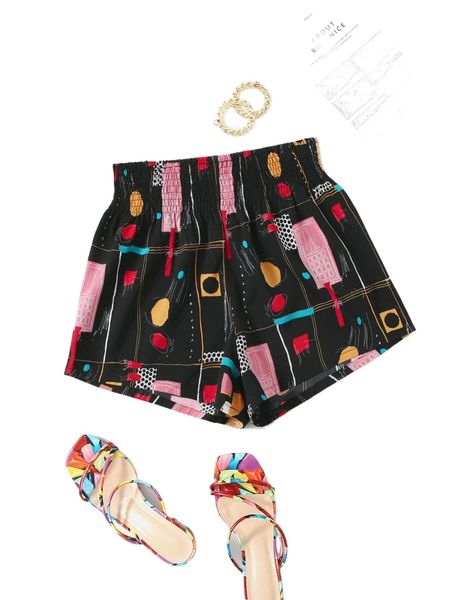 

allover print shirred waist shorts 923i#, White;black