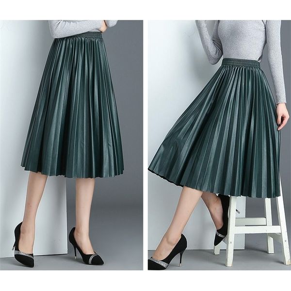 

8 colors available spring arrival ladies skirts organ pleated skirt elegant high waist leather skirt 210306, Black