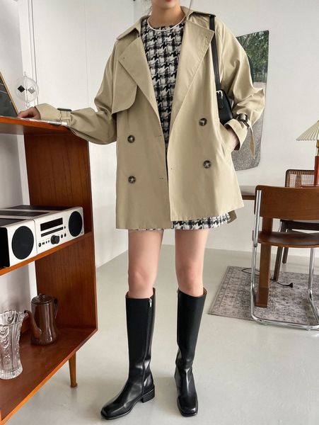 

dazy lapel collar double button slant pocket trench coat y1fv#, Tan;black