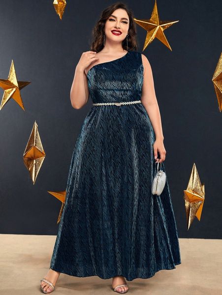 

plus allover print one shoulder belted metallic dress o9nm#, Black