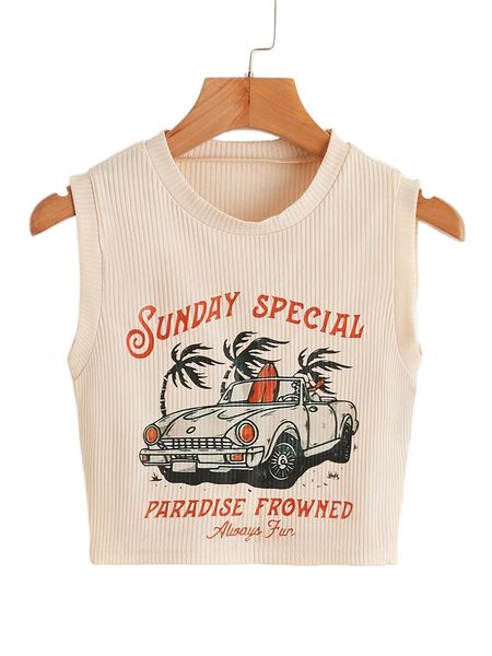 

romwe x goldenline car letter graphic ribbed tank v61i#, White