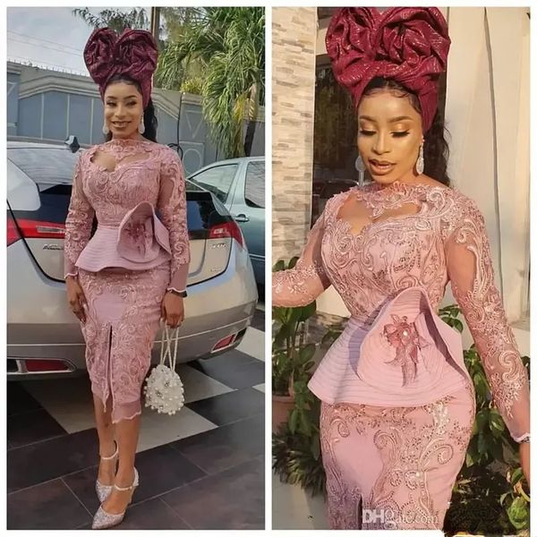 Blush Pink Tea-lunghezza abiti da cocktail da ballo con maniche lunghe 2022 Aso Ebi pizzo applique volant peplo abito da sera africano BES121