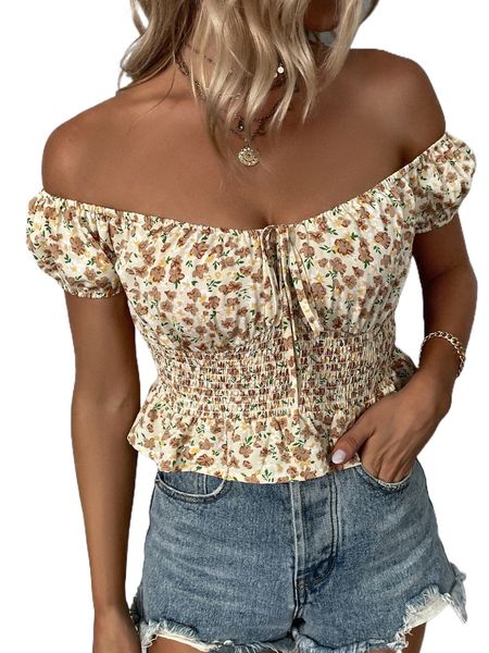 

all over floral print shirred off the shoulder blouse n9py#, White